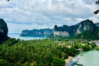 View of a lush forest with limestone cliffs and the ocean surrounding it.