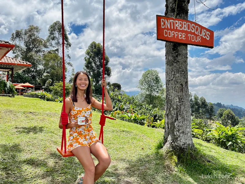 A woman sitting on a swing, holding a cup of coffee, at a coffee farm.