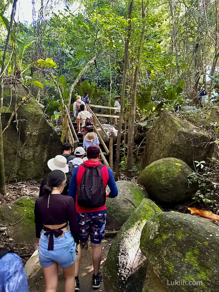 A line of people hiking through a narrow path with dirt road and wooden stairs.