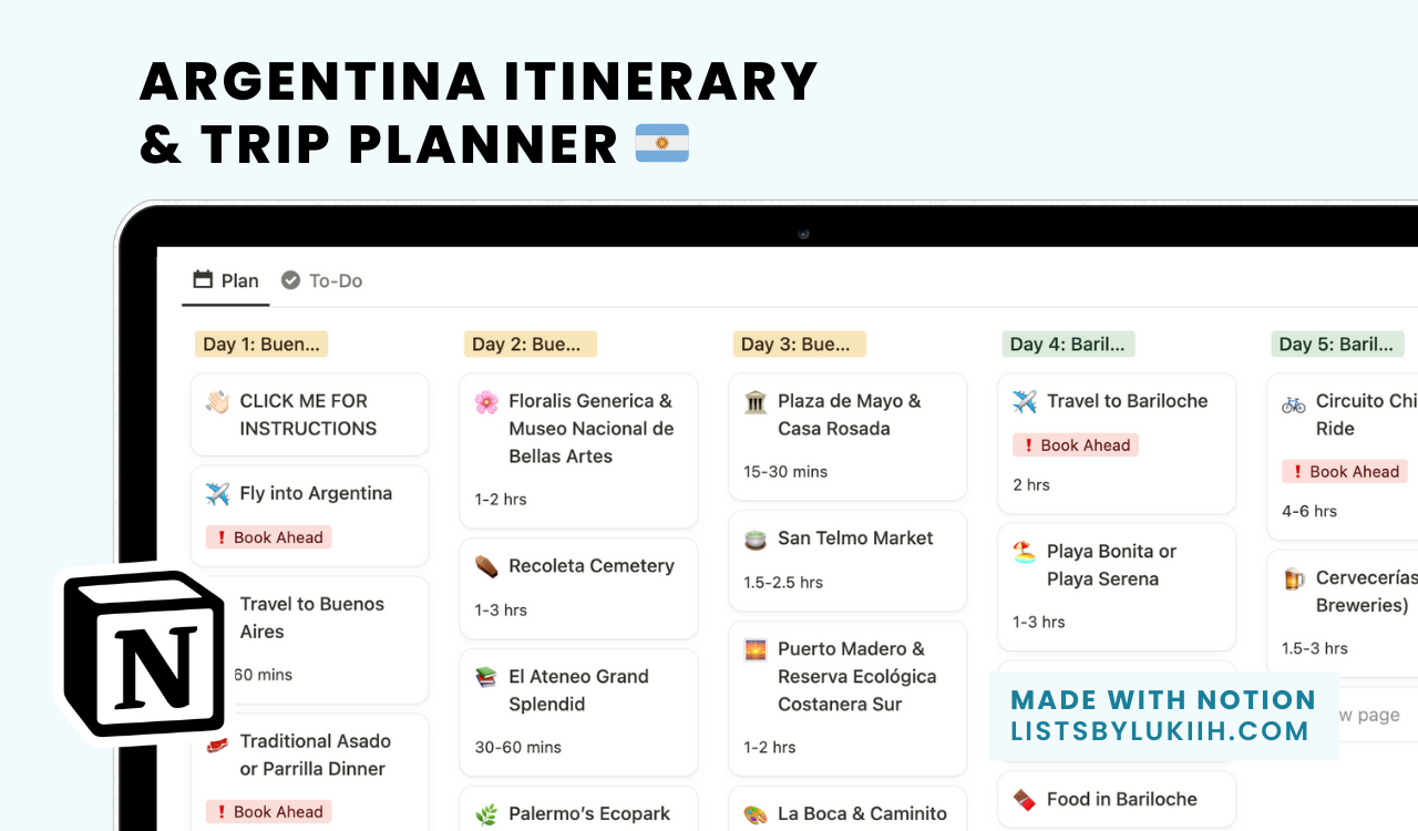 A trip planner with detailed activities organized for each day.