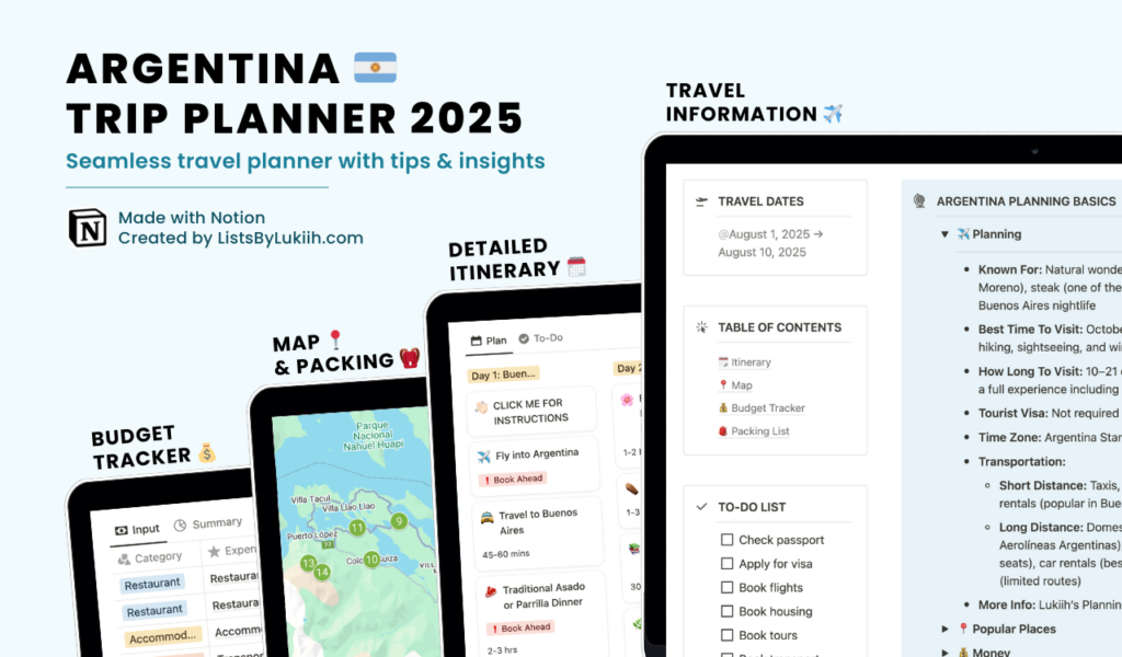 Screenshots showing a trip planner with an itinerary, packing list, map, and budget tracker.