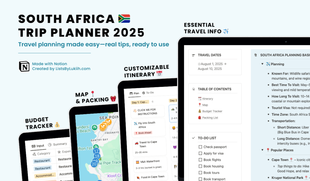 Screenshots showing a trip planner with an itinerary, packing list, map, and budget tracker.