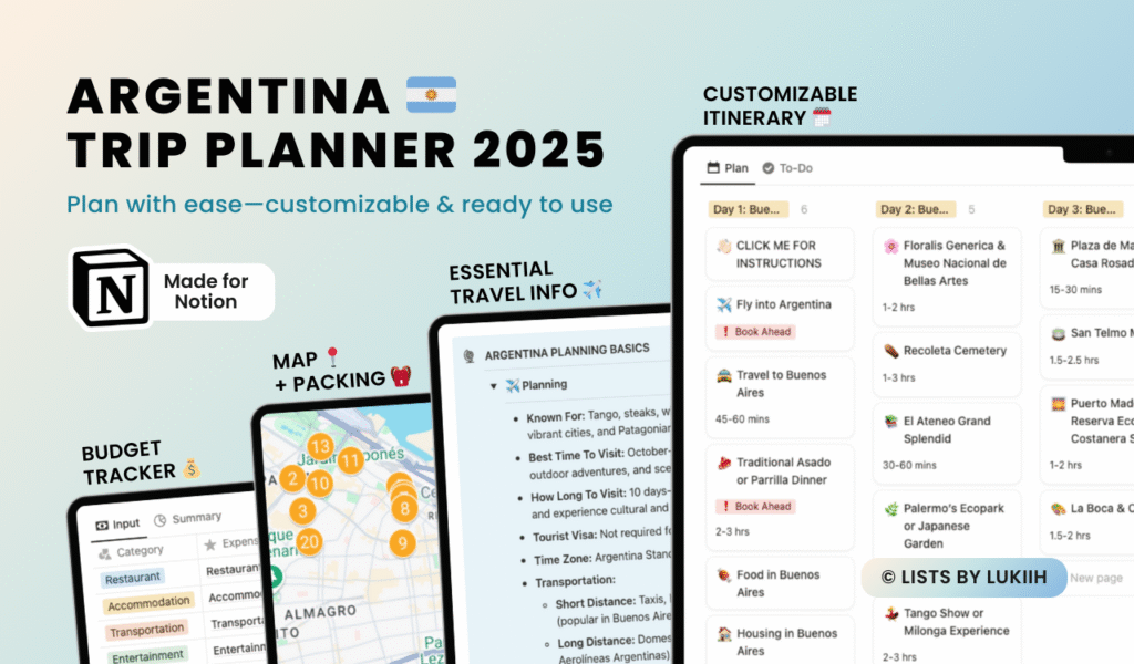 Screenshots showing a trip planner with an itinerary, packing list, map, and budget tracker.