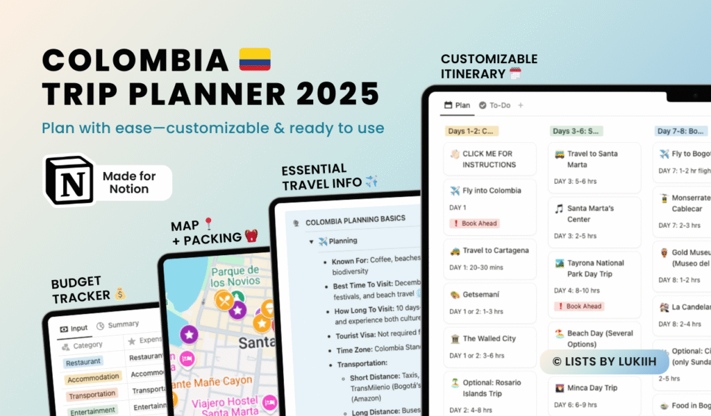 Screenshots showing a trip planner with an itinerary, packing list, map, and budget tracker.