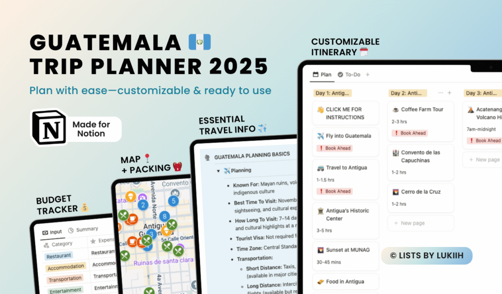 Screenshots showing a trip planner with an itinerary, packing list, map, and budget tracker.