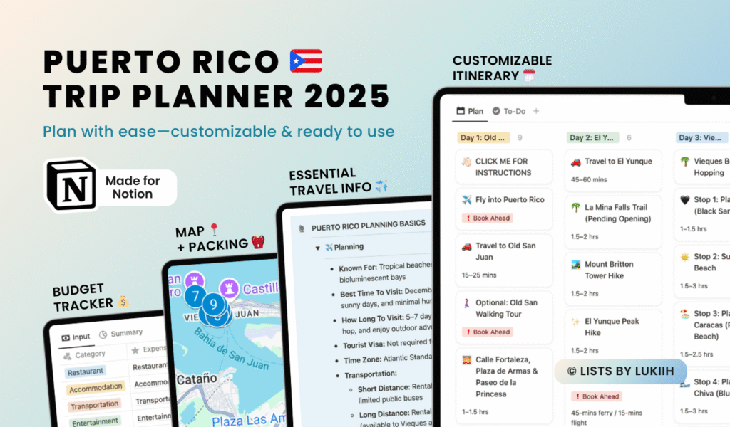 Screenshots showing a trip planner with an itinerary, packing list, map, and budget tracker.