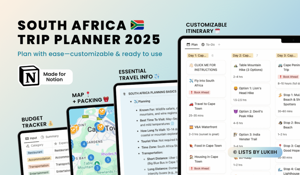 Screenshots showing a trip planner with an itinerary, packing list, map, and budget tracker.