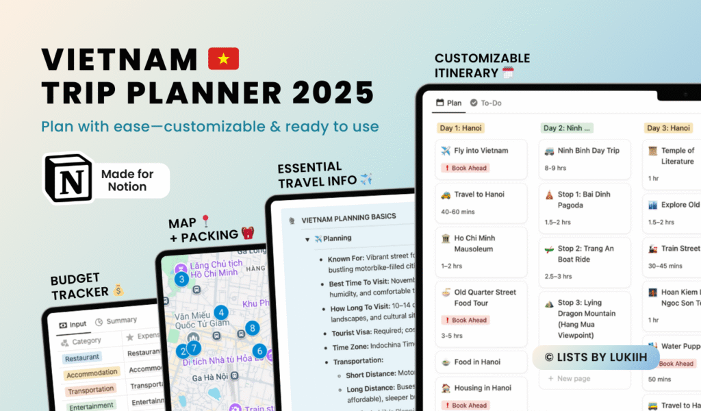 Screenshots showing a trip planner with an itinerary, packing list, map, and budget tracker.